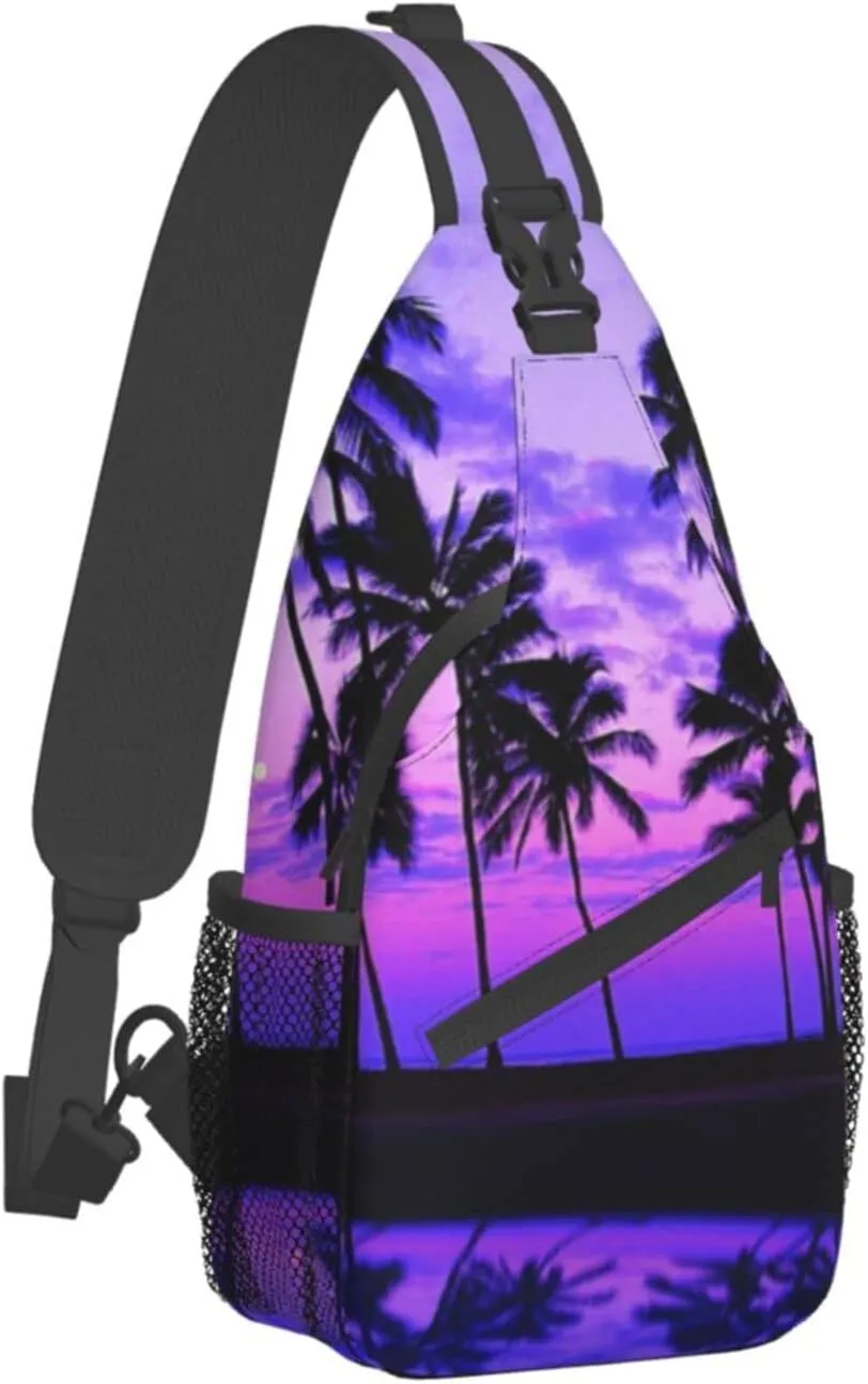Palm Tree Purple Sunset Cross Chest Bag Diagonally,Multipurpose Crossbody Shoulder Bag,Travel Hiking Daypack