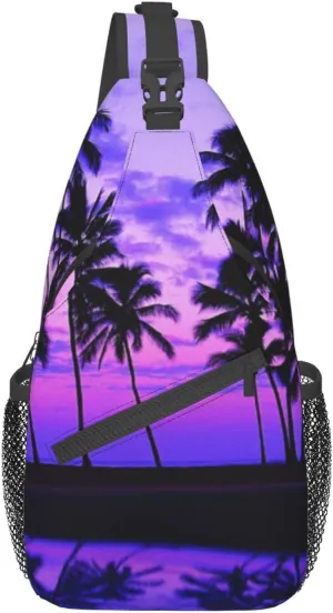 Palm Tree Purple Sunset Cross Chest Bag Diagonally,Multipurpose Crossbody Shoulder Bag,Travel Hiking Daypack