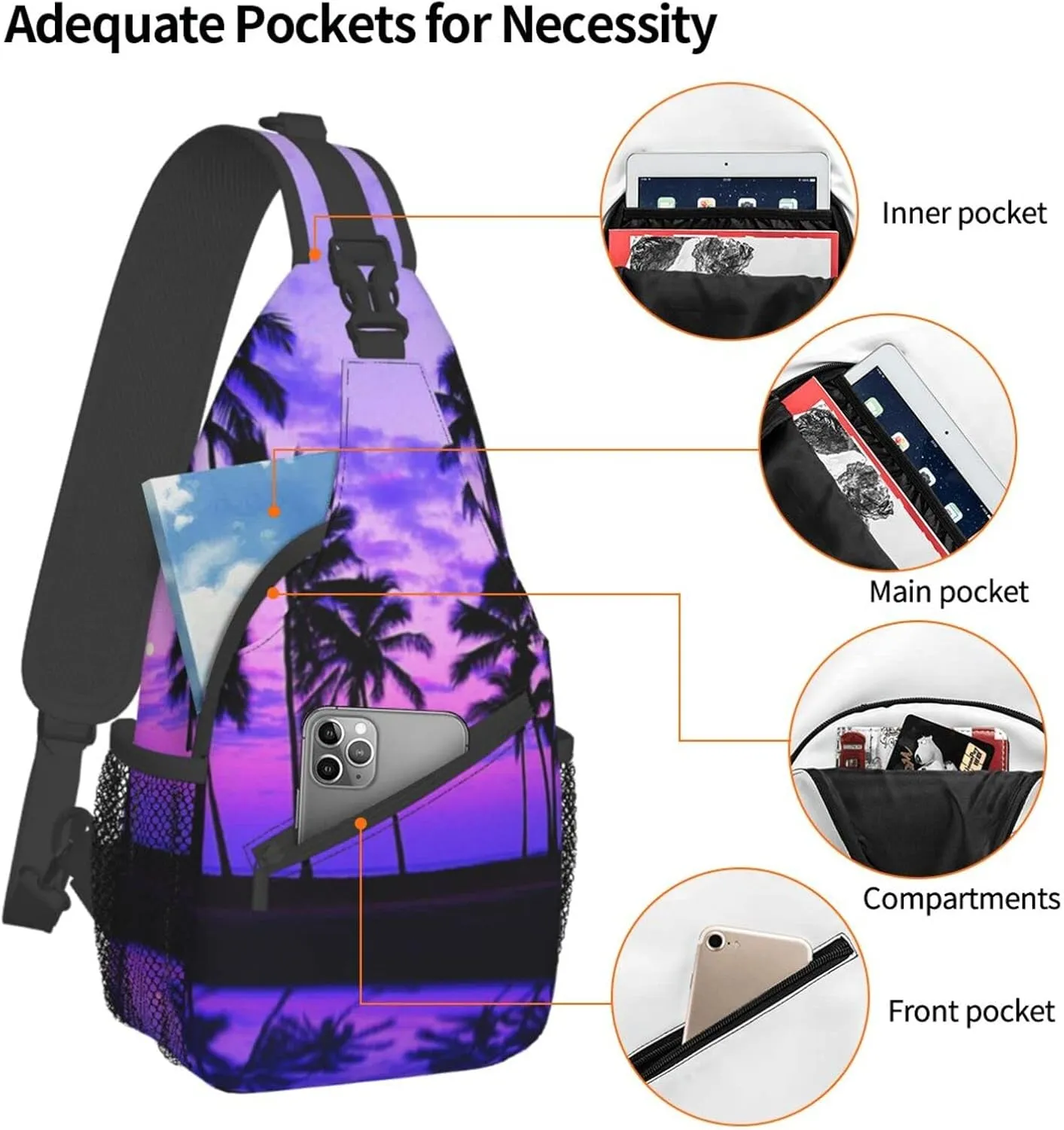 Palm Tree Purple Sunset Cross Chest Bag Diagonally,Multipurpose Crossbody Shoulder Bag,Travel Hiking Daypack