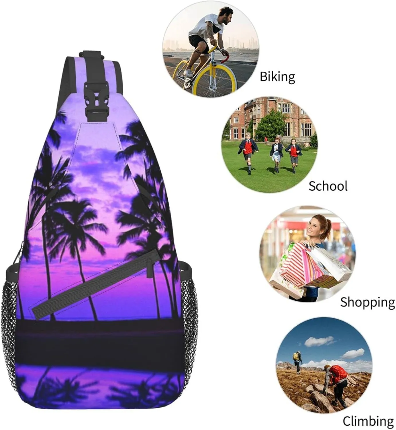 Palm Tree Purple Sunset Cross Chest Bag Diagonally,Multipurpose Crossbody Shoulder Bag,Travel Hiking Daypack