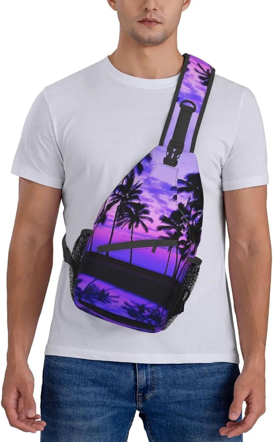 Palm Tree Purple Sunset Cross Chest Bag Diagonally,Multipurpose Crossbody Shoulder Bag,Travel Hiking Daypack