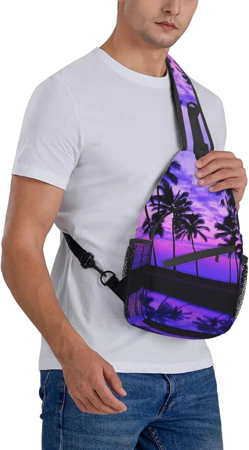 Palm Tree Purple Sunset Cross Chest Bag Diagonally,Multipurpose Crossbody Shoulder Bag,Travel Hiking Daypack