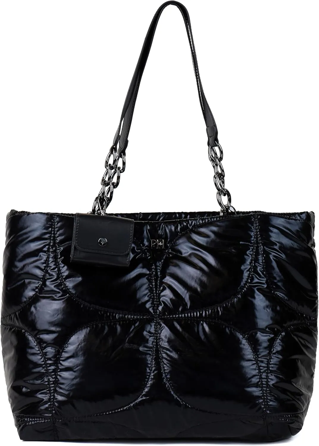Paris Hilton Casson Puffy Quilted Oversized Tote Purse with Chain Strap and Removable Keychain Headphones Holder Shiny Black