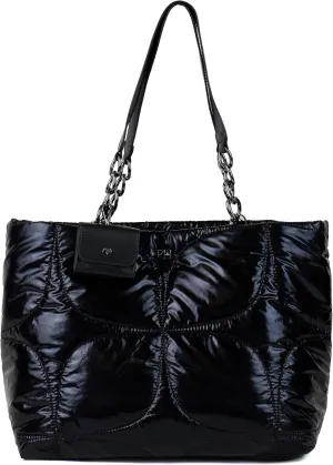 Paris Hilton Casson Puffy Quilted Oversized Tote Purse with Chain Strap and Removable Keychain Headphones Holder Shiny Black