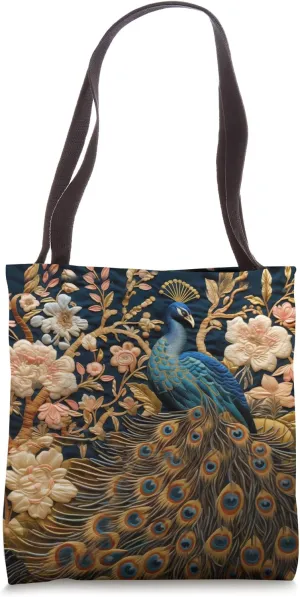 Peacock Embroidered 3-D Embossed Arts and Crafts Movement Tote Bag