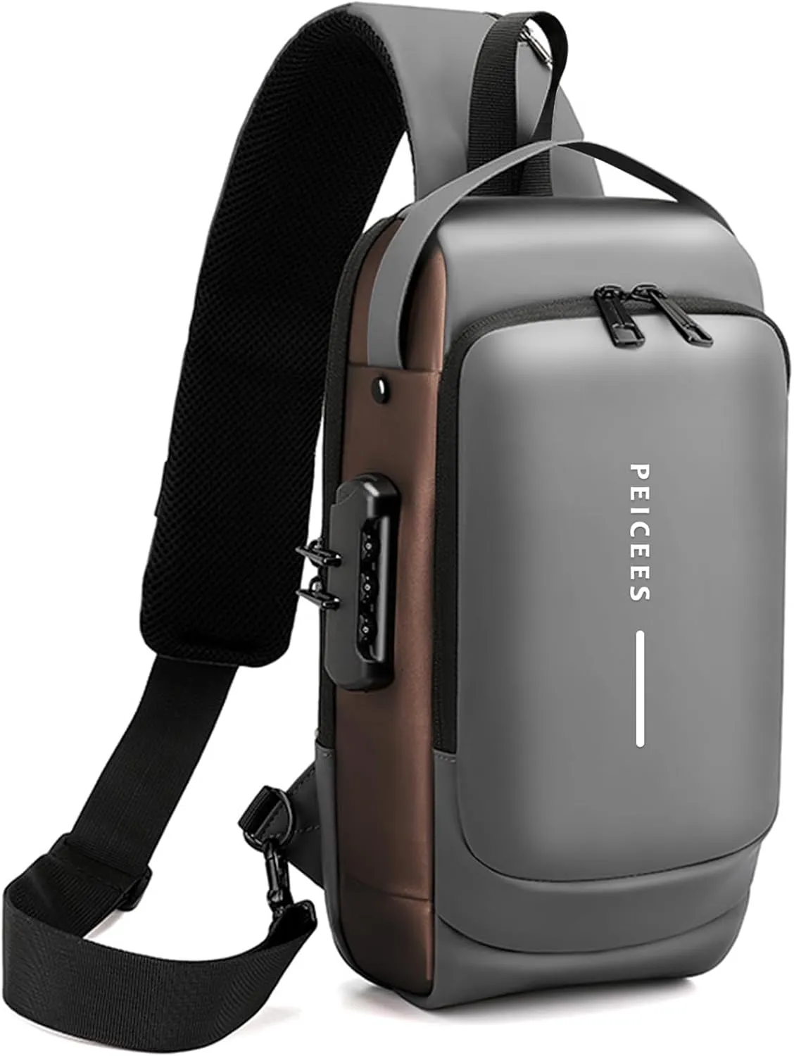 Peicees Mens Crossbody Bag Man Bags Mens Purse Anti-theft Leather Sling Bag Shoulder Bag Chest Bag for Daily Use, Grey Gold