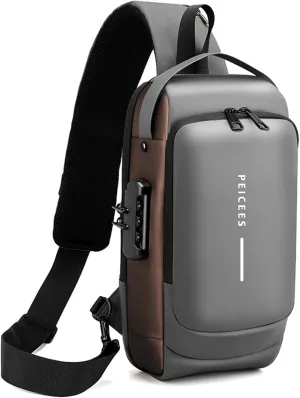 Peicees Mens Crossbody Bag Man Bags Mens Purse Anti-theft Leather Sling Bag Shoulder Bag Chest Bag for Daily Use, Grey Gold