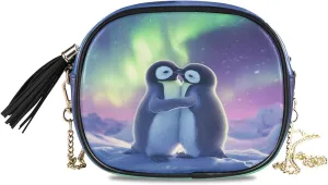 Penguin Aurora Purple Crossbody Bags for Women Small Purses Leather Crossbody Bag Handbags Purse with Detachable Chain Evening Bag Clutch Purses Cell Phone Purse
