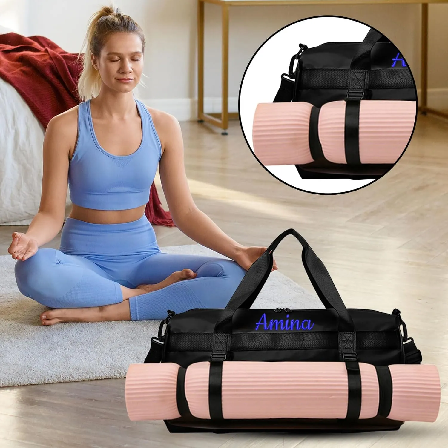 Personalised Women Duffel Bag Embroidered Name Custom Travel Tote Bag Overnight Weekender Bags with Wet Pockets and Shoe Compartment Gift for Travel Yoga Gym Storage Camping Moving