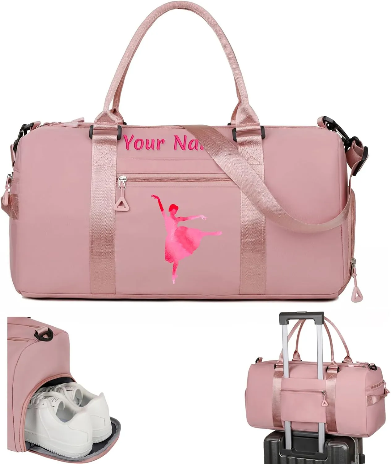 Personalized Embroidered Duffel Bag, Custom Sports Gym Bag with Name for Man Women, Girls Dance Bag Weekend Bag Travel Bag - with Shoulder Strap & Wet Dry Pockets & Shoe Compartment - Pink