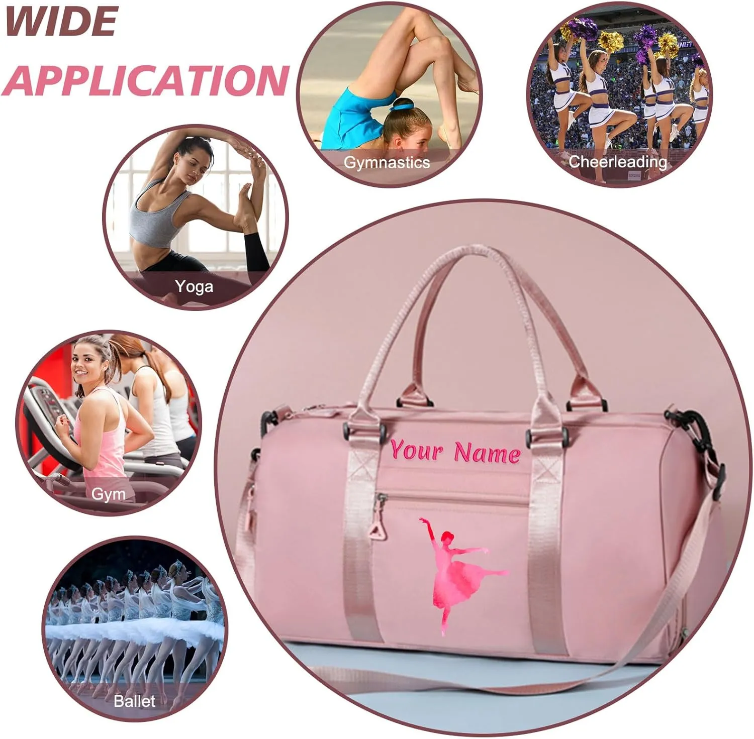 Personalized Embroidered Duffel Bag, Custom Sports Gym Bag with Name for Man Women, Girls Dance Bag Weekend Bag Travel Bag - with Shoulder Strap & Wet Dry Pockets & Shoe Compartment - Pink