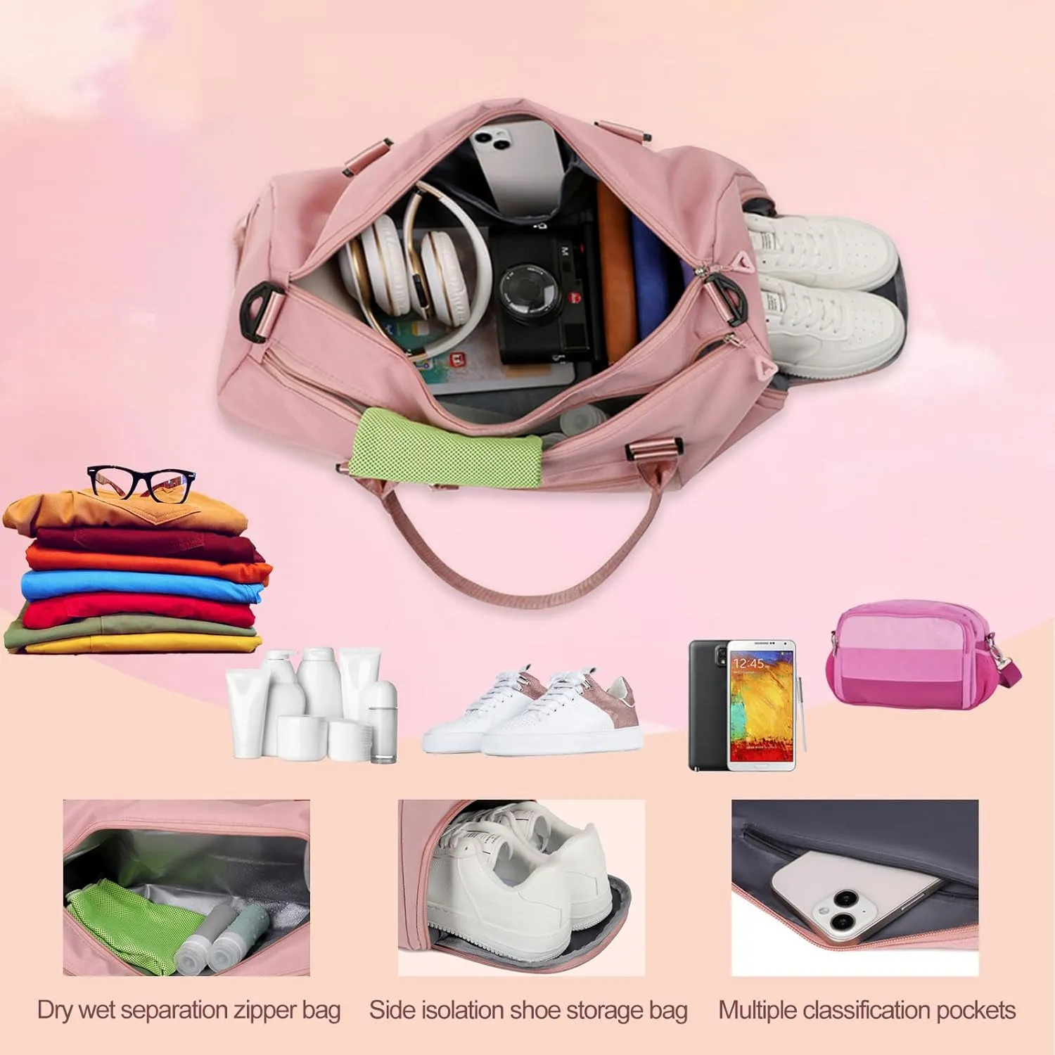 Personalized Embroidered Duffel Bag, Custom Sports Gym Bag with Name for Man Women, Girls Dance Bag Weekend Bag Travel Bag - with Shoulder Strap & Wet Dry Pockets & Shoe Compartment - Pink