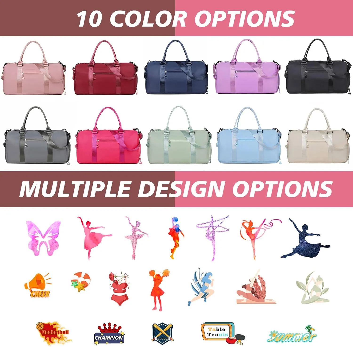 Personalized Embroidered Duffel Bag, Custom Sports Gym Bag with Name for Man Women, Girls Dance Bag Weekend Bag Travel Bag - with Shoulder Strap & Wet Dry Pockets & Shoe Compartment - Pink