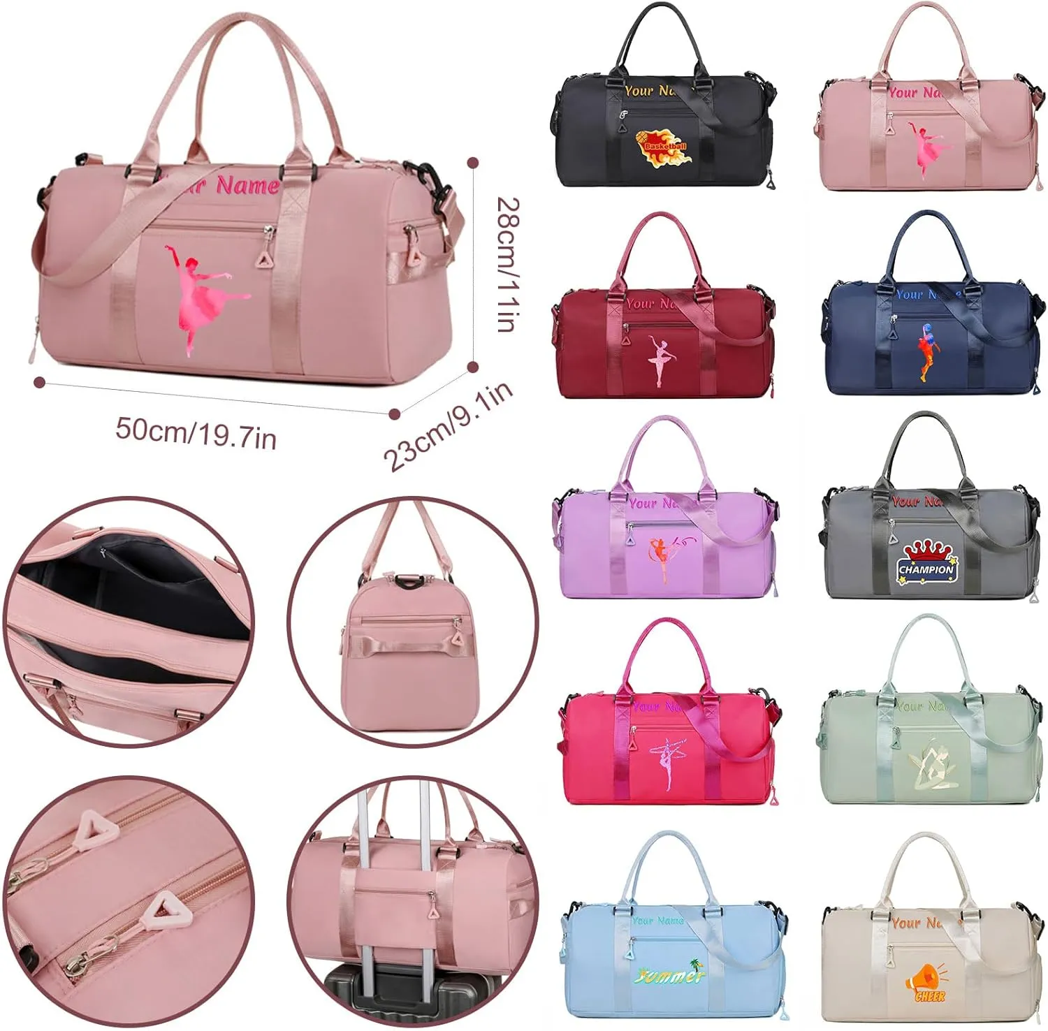 Personalized Embroidered Duffel Bag, Custom Sports Gym Bag with Name for Man Women, Girls Dance Bag Weekend Bag Travel Bag - with Shoulder Strap & Wet Dry Pockets & Shoe Compartment - Pink