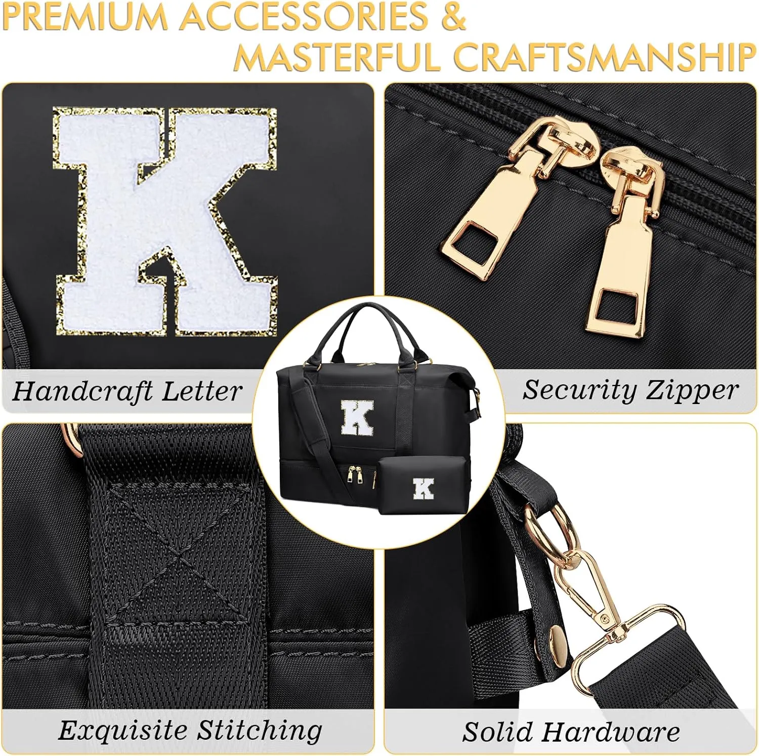 Personalized Initial Travel Duffle Bag for Teen Girl, Weekender Overnight Monogram Gym Carry on Bag with Shoe Compartment, Gifts for Daughter Friend Birthday Christmas