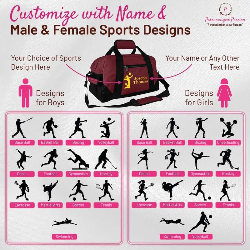 Personalized Passion Small Sports Duffel Bags for Kids - 14” Waterproof Travel Duffle with Embroidered Name & Martial Arts Design - White Two-Toned Kids Weekender Bag for Boys and Girls
