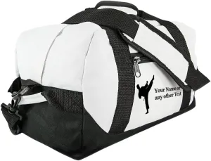 Personalized Passion Small Sports Duffel Bags for Kids - 14” Waterproof Travel Duffle with Embroidered Name & Martial Arts Design - White Two-Toned Kids Weekender Bag for Boys and Girls