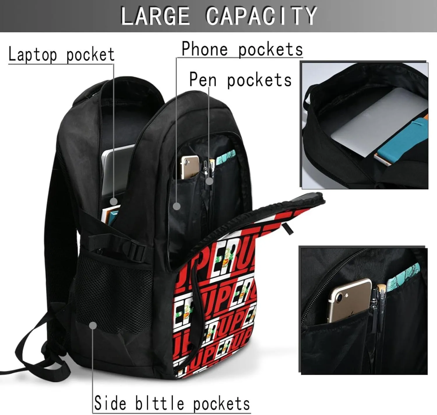 Peruvian Peru Flag Business Laptop Backpack Travel Backpacks Outdoor Rucksack Large Bag Daypack with USB Charging Port Multi-Pocket for Hiking Camping