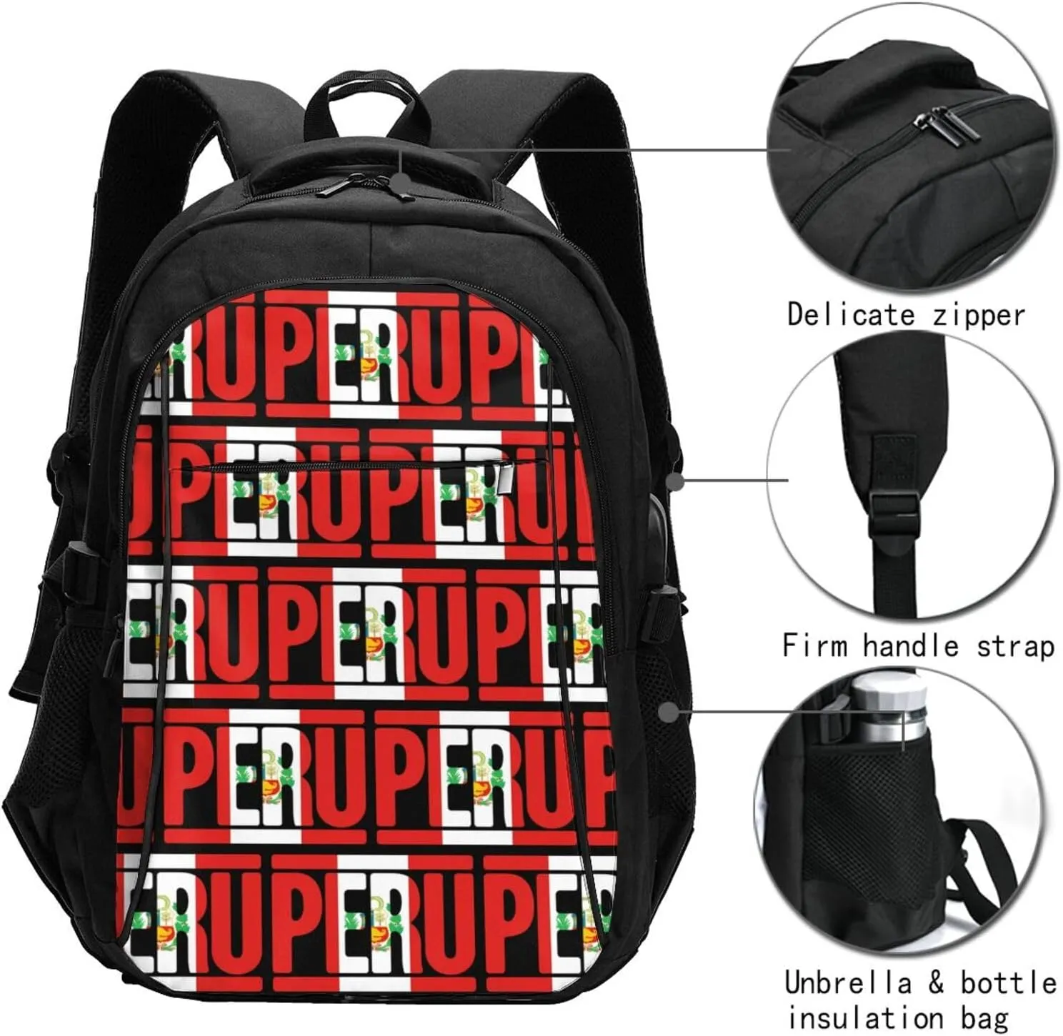Peruvian Peru Flag Business Laptop Backpack Travel Backpacks Outdoor Rucksack Large Bag Daypack with USB Charging Port Multi-Pocket for Hiking Camping