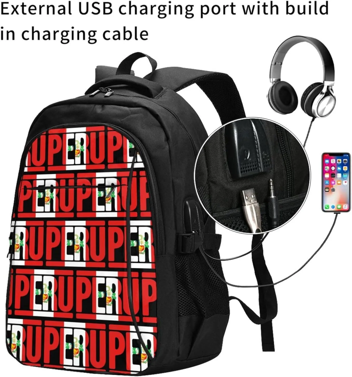 Peruvian Peru Flag Business Laptop Backpack Travel Backpacks Outdoor Rucksack Large Bag Daypack with USB Charging Port Multi-Pocket for Hiking Camping