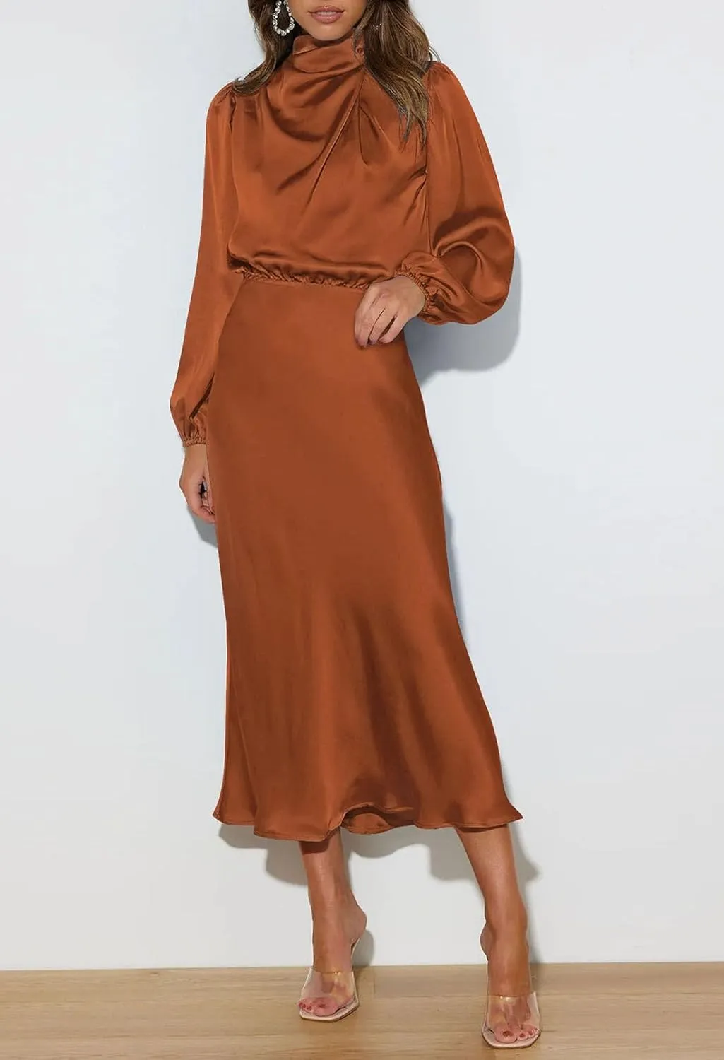 Pink Queen Women's Elegant Long Sleeve Satin Dress Mock Neck Elastic Waist Cocktail Party Wedding Guest Midi Dresses