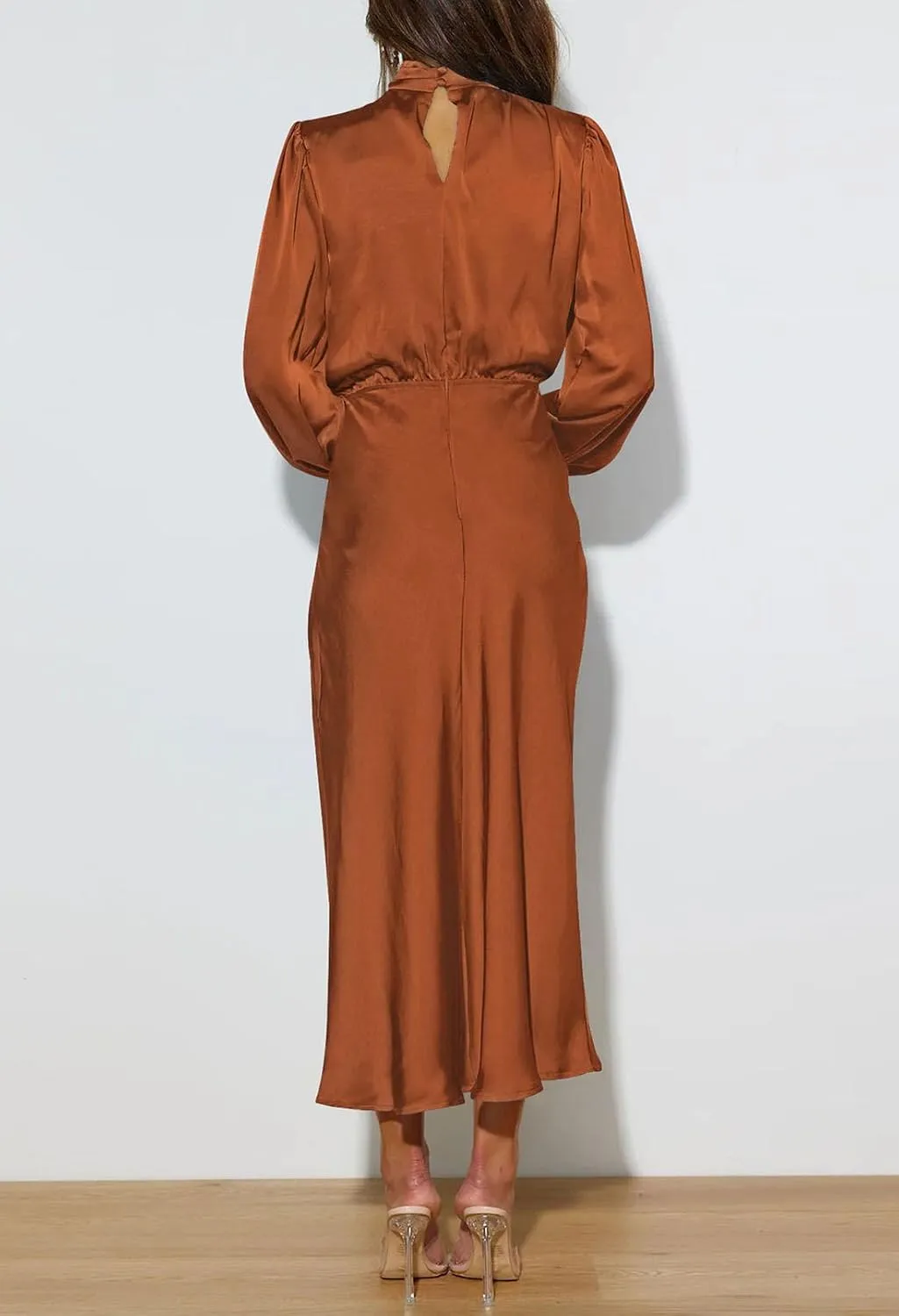 Pink Queen Women's Elegant Long Sleeve Satin Dress Mock Neck Elastic Waist Cocktail Party Wedding Guest Midi Dresses