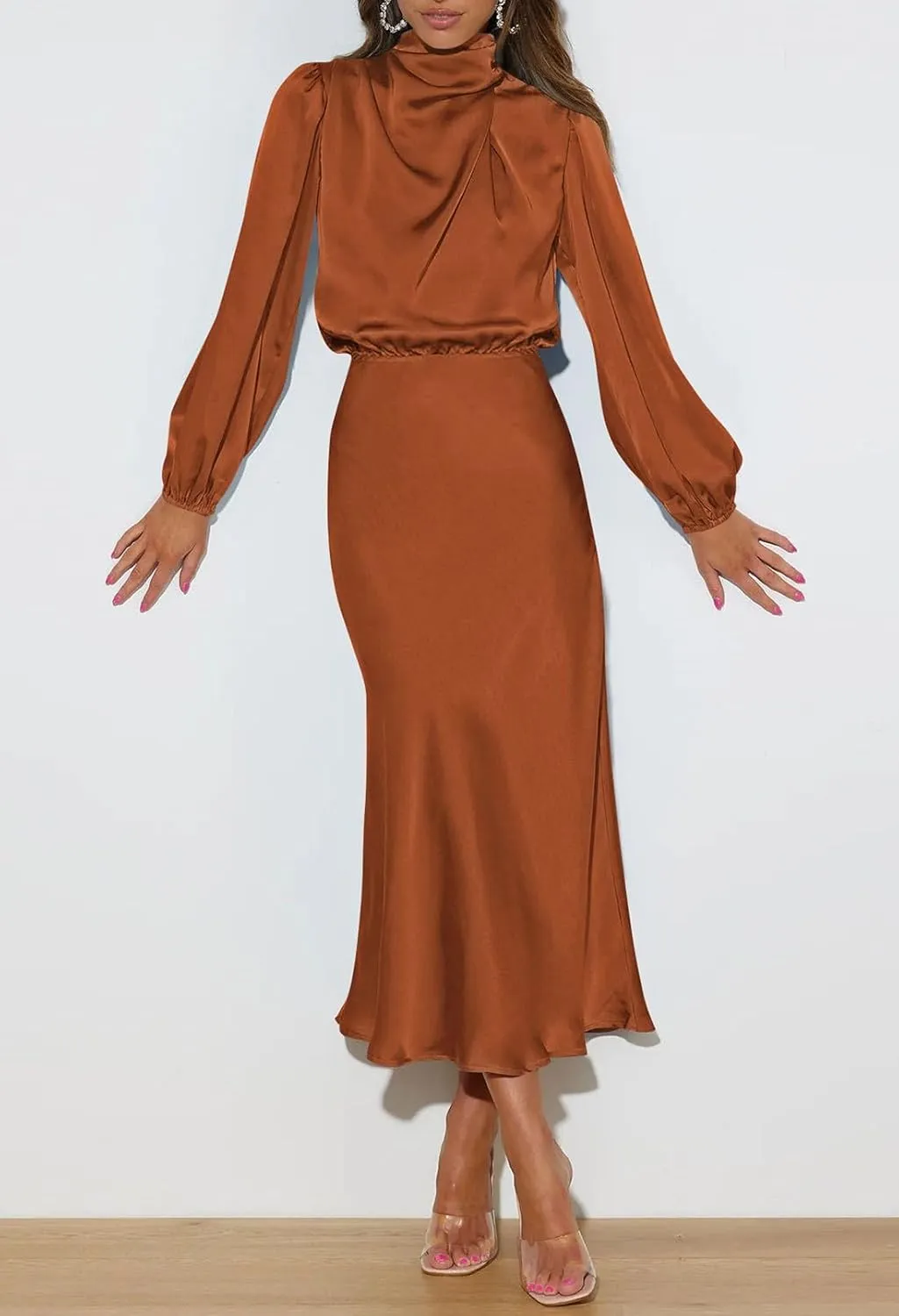 Pink Queen Women's Elegant Long Sleeve Satin Dress Mock Neck Elastic Waist Cocktail Party Wedding Guest Midi Dresses