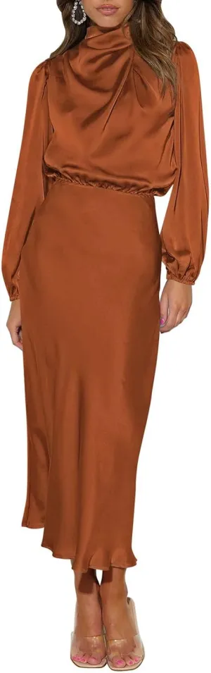 Pink Queen Women's Elegant Long Sleeve Satin Dress Mock Neck Elastic Waist Cocktail Party Wedding Guest Midi Dresses