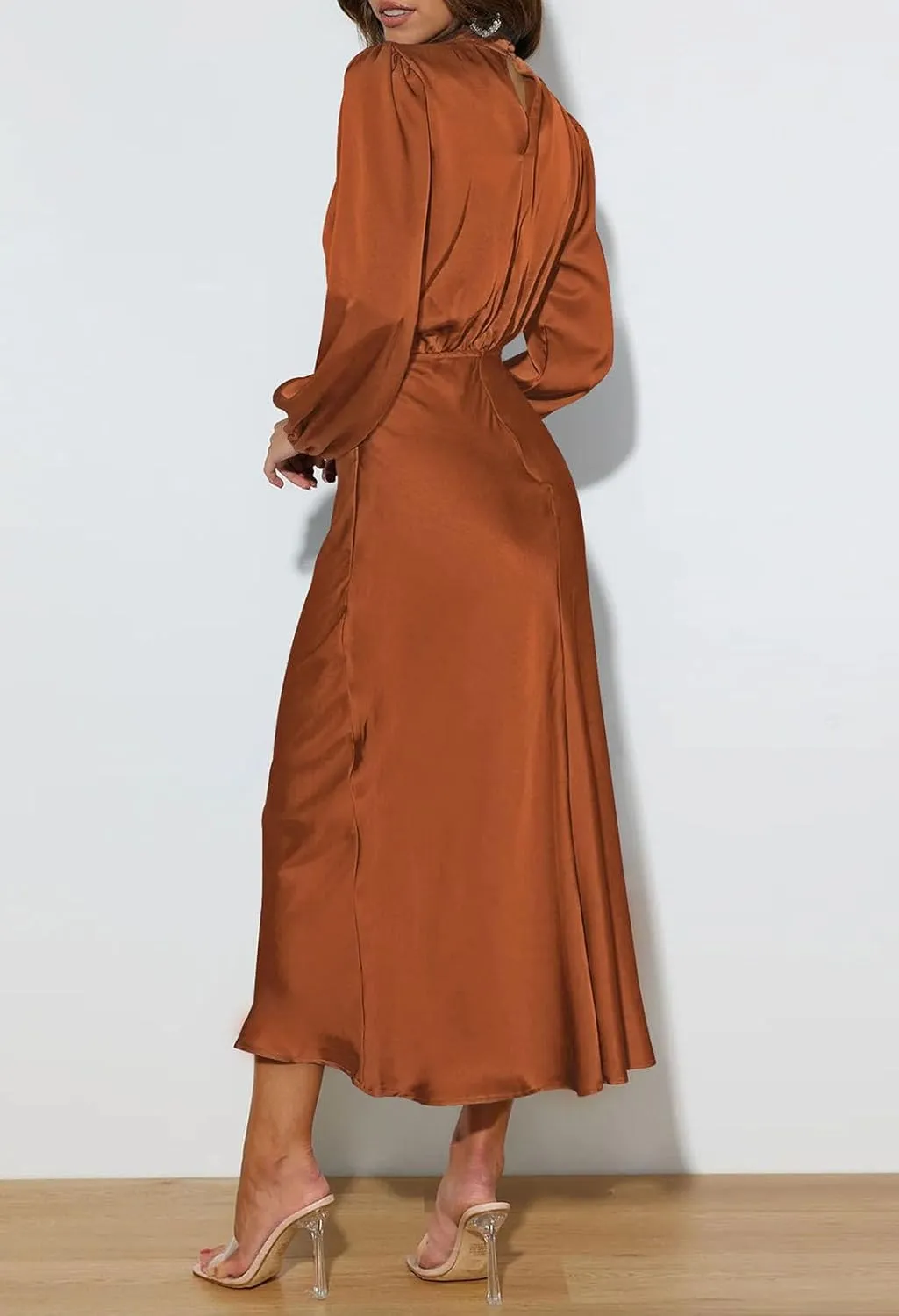 Pink Queen Women's Elegant Long Sleeve Satin Dress Mock Neck Elastic Waist Cocktail Party Wedding Guest Midi Dresses