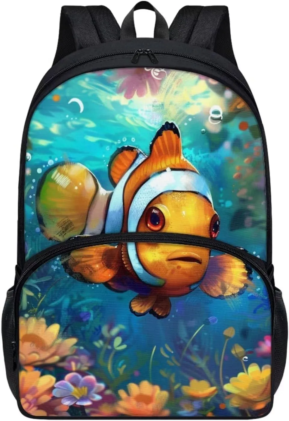 PinUp Angel Cute Clownfish Print Kids Backpack for Girls Cute Art Oil Painting Animal Patterned Backpacks for Teen Boys Elementary Bookbag School Bag