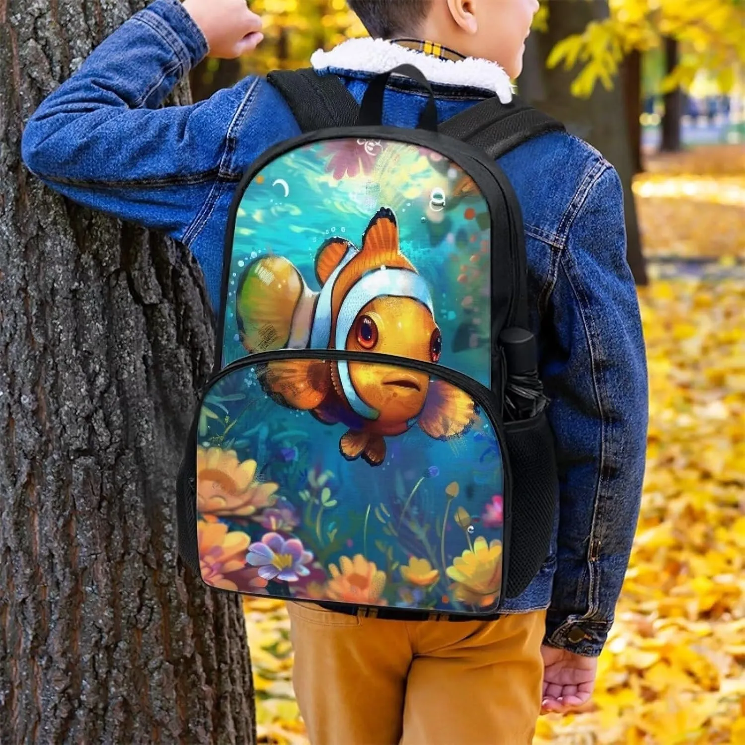 PinUp Angel Cute Clownfish Print Kids Backpack for Girls Cute Art Oil Painting Animal Patterned Backpacks for Teen Boys Elementary Bookbag School Bag