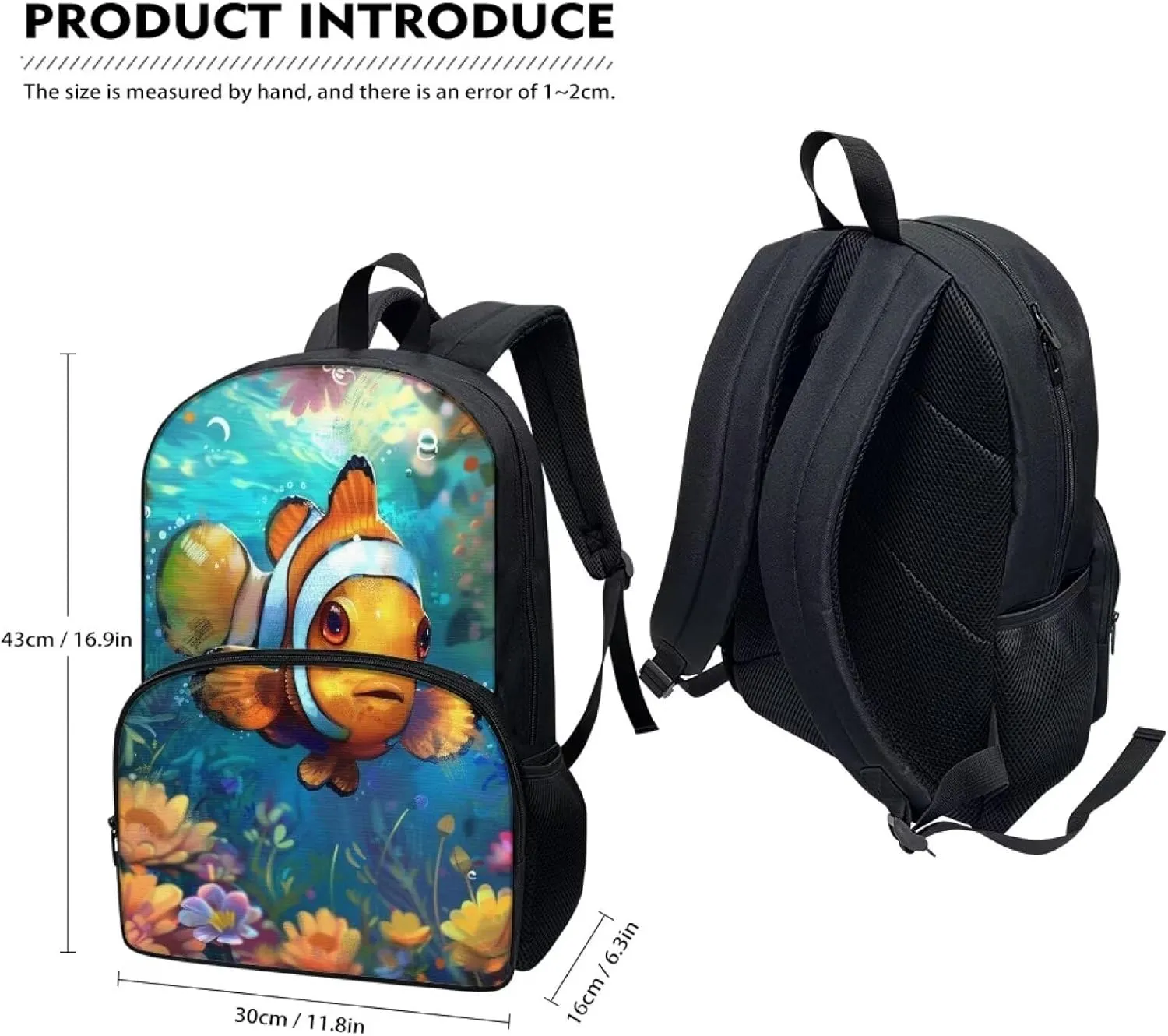 PinUp Angel Cute Clownfish Print Kids Backpack for Girls Cute Art Oil Painting Animal Patterned Backpacks for Teen Boys Elementary Bookbag School Bag