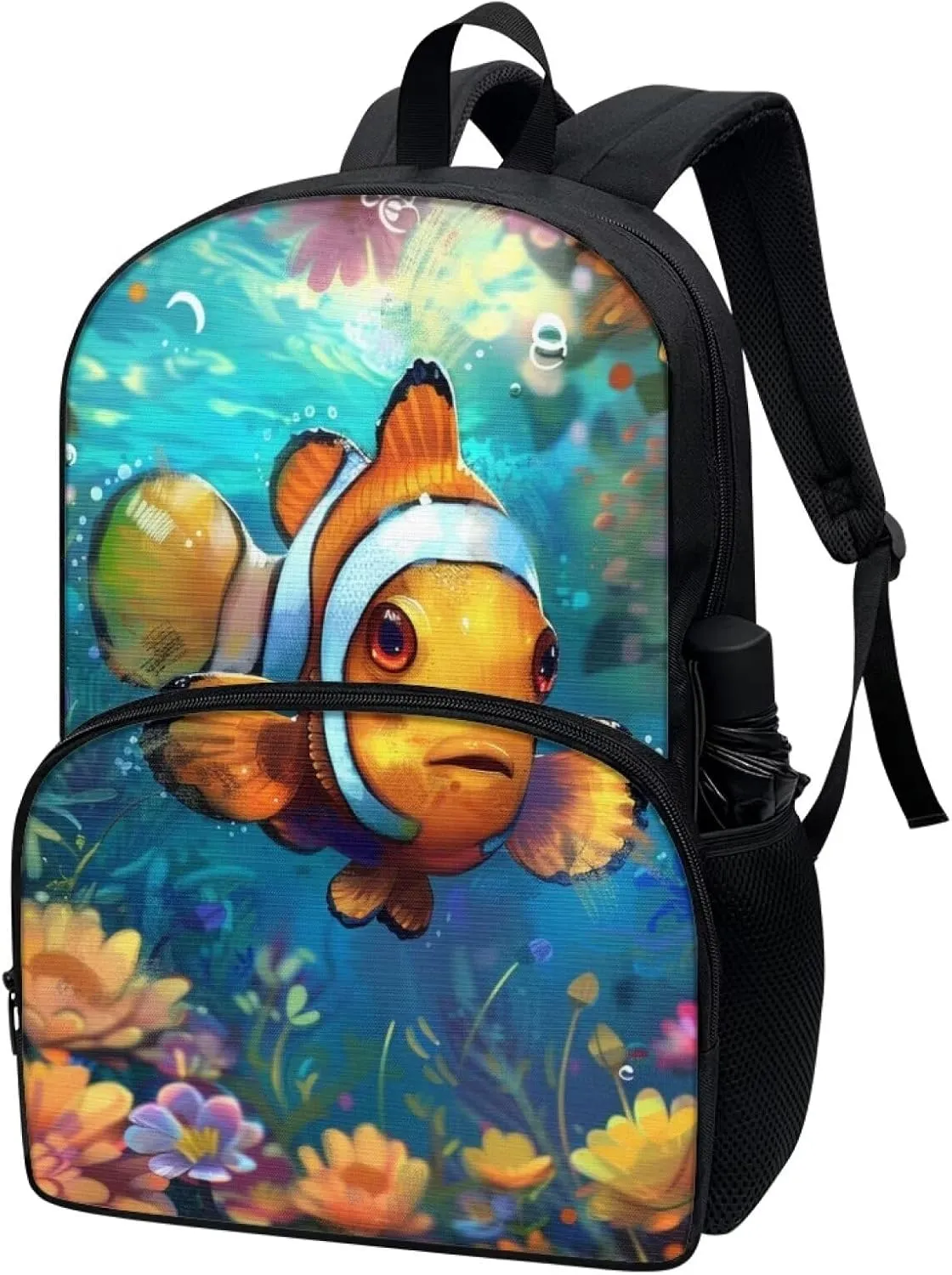 PinUp Angel Cute Clownfish Print Kids Backpack for Girls Cute Art Oil Painting Animal Patterned Backpacks for Teen Boys Elementary Bookbag School Bag