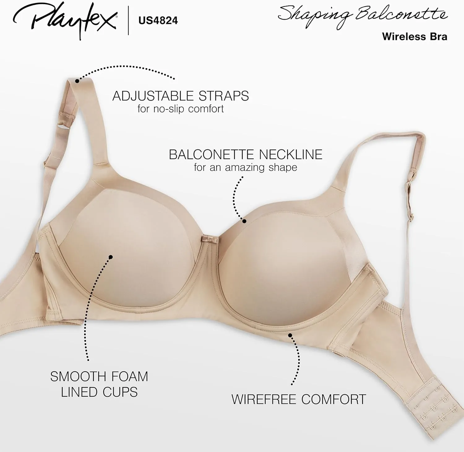 Playtex Women's Secrets Balconette Bra 4824, Full-Coverage Wireless T-Shirt Bra for Full Figures