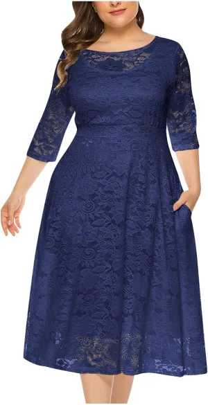 Plus Size Dresses for Women Lace Hollow Out Long Sleeve Flowy Dress with Pocket Elastic Waist Wedding Guest Long Gown