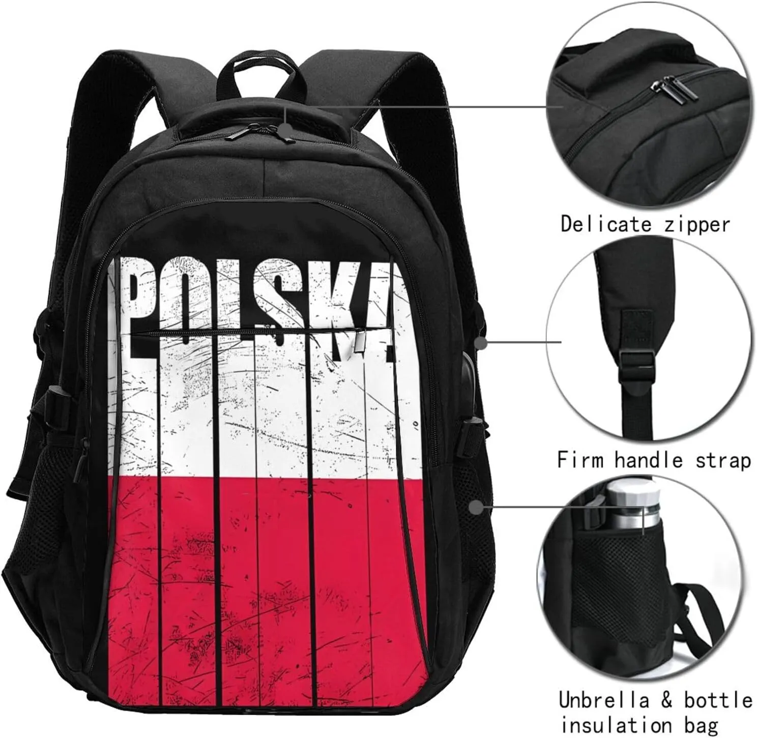 Polish Flag Poland Polska Flags Casual Travel Backpacks Hiking Camping Backpack Large Outdoor Sport Daypack Laptop Rucksack Climbing Working Bags with USB Port