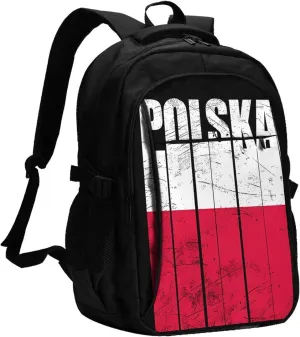 Polish Flag Poland Polska Flags Casual Travel Backpacks Hiking Camping Backpack Large Outdoor Sport Daypack Laptop Rucksack Climbing Working Bags with USB Port