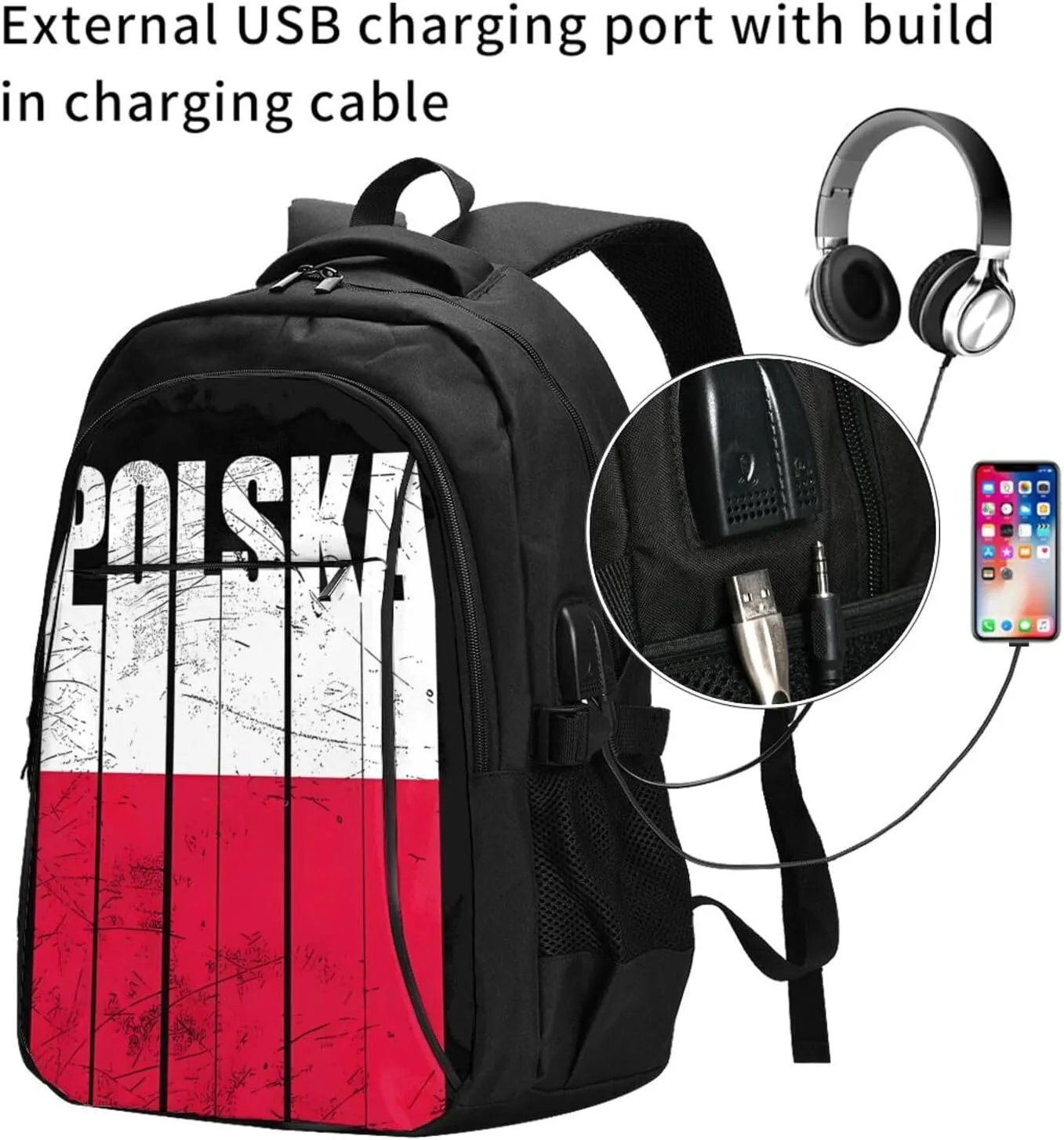 Polish Flag Poland Polska Flags Casual Travel Backpacks Hiking Camping Backpack Large Outdoor Sport Daypack Laptop Rucksack Climbing Working Bags with USB Port