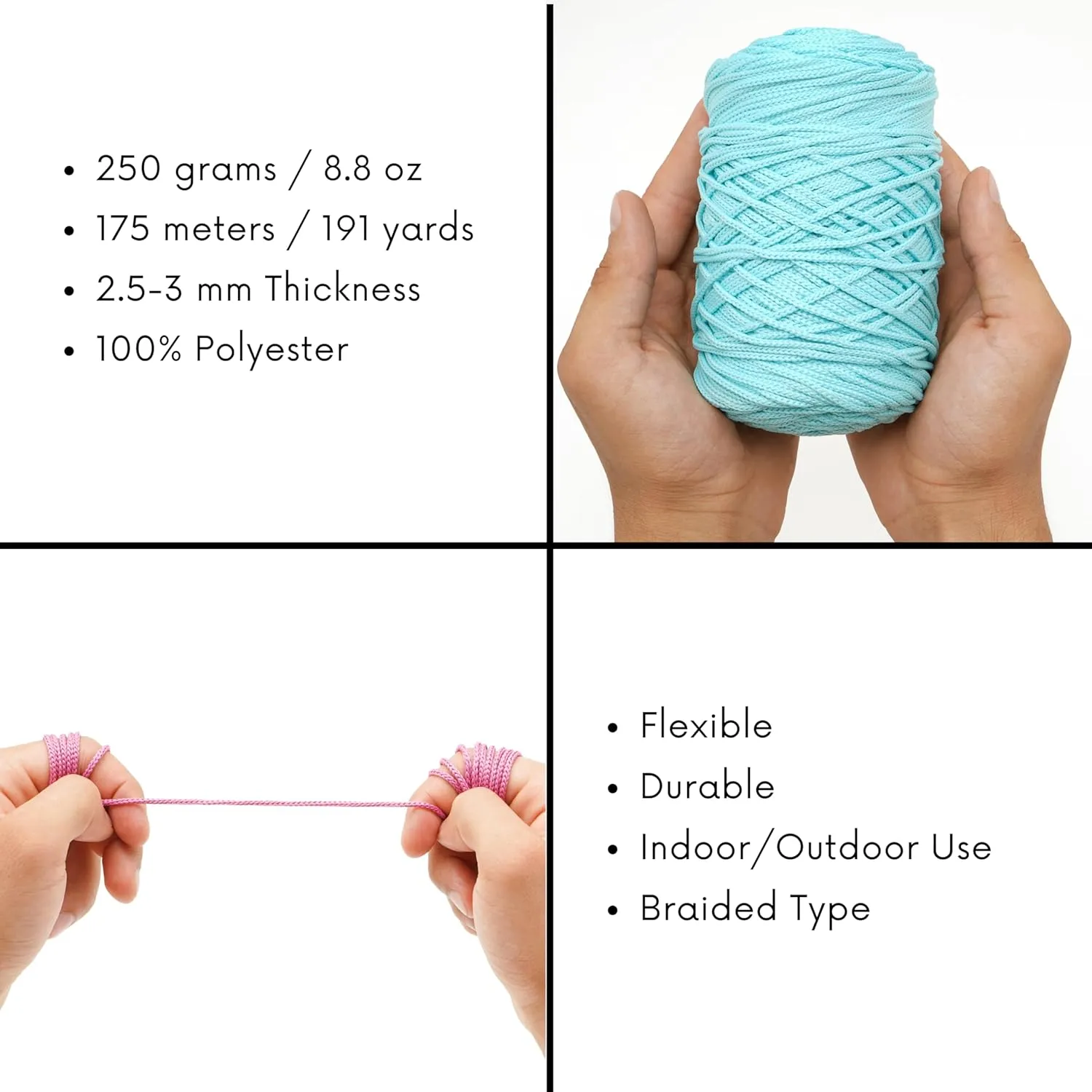 Polyester Soft Macrame Cord 2.5-3mm, 4 Skeins x 191 Yards x 1/9 inc Turkish Polyester Rope, Braided Macrame Yarn for DIY Crafts, Plant Hanger, Wall Hanging, Macrame Bag