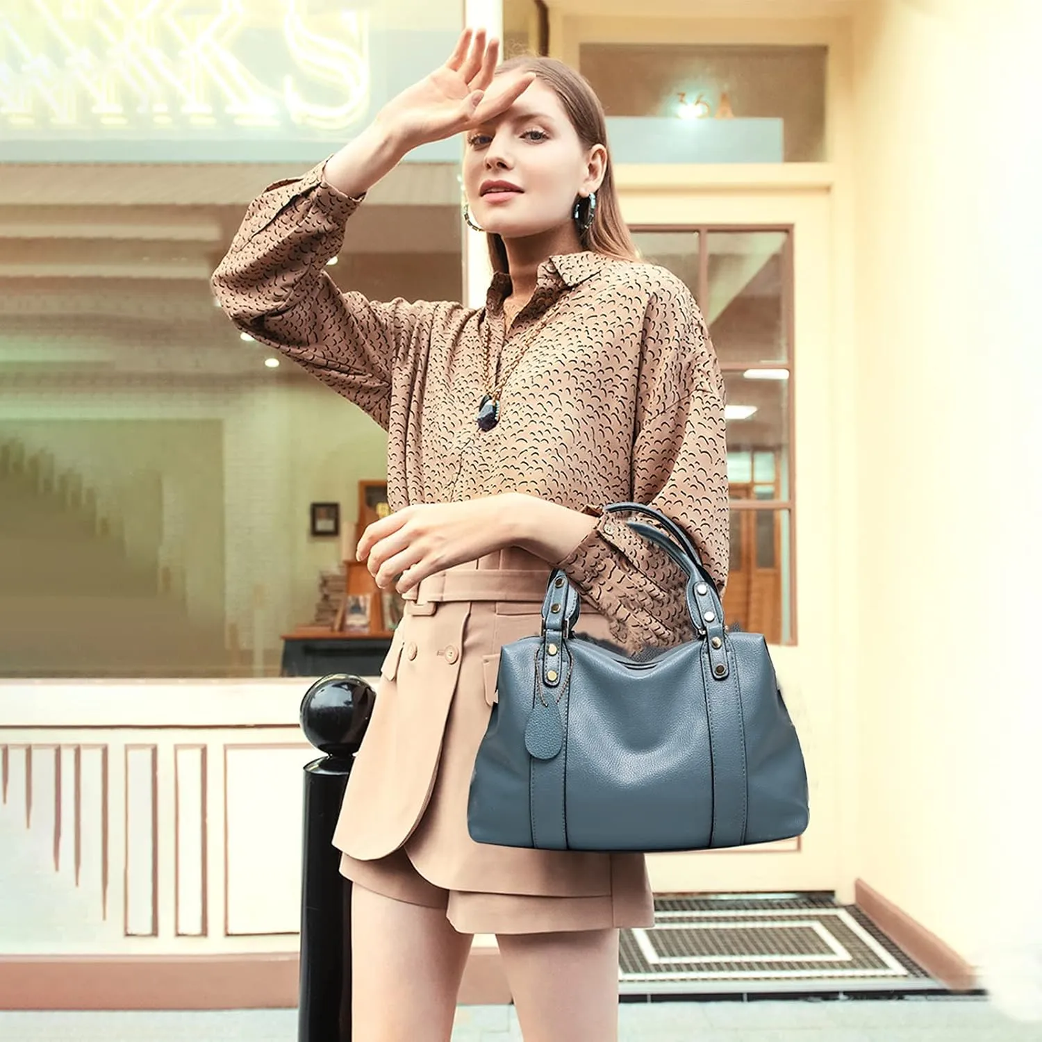 PORRASSO Elegant Handbag - Ladies Shoulder Crossbody Top-Handle Work Travel Dating Bag - Waterproof PU Leather Blue