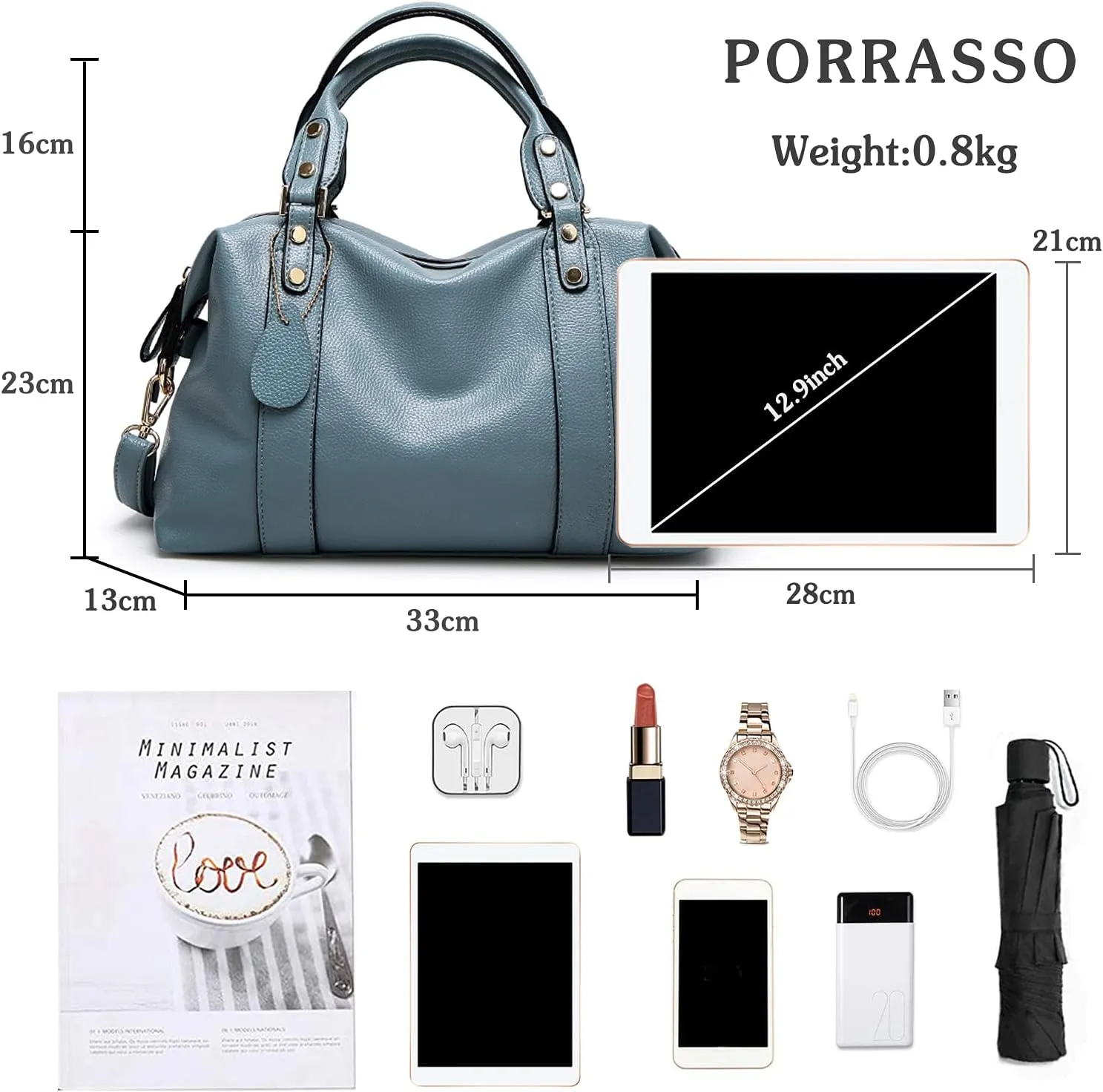 PORRASSO Elegant Handbag - Ladies Shoulder Crossbody Top-Handle Work Travel Dating Bag - Waterproof PU Leather Blue