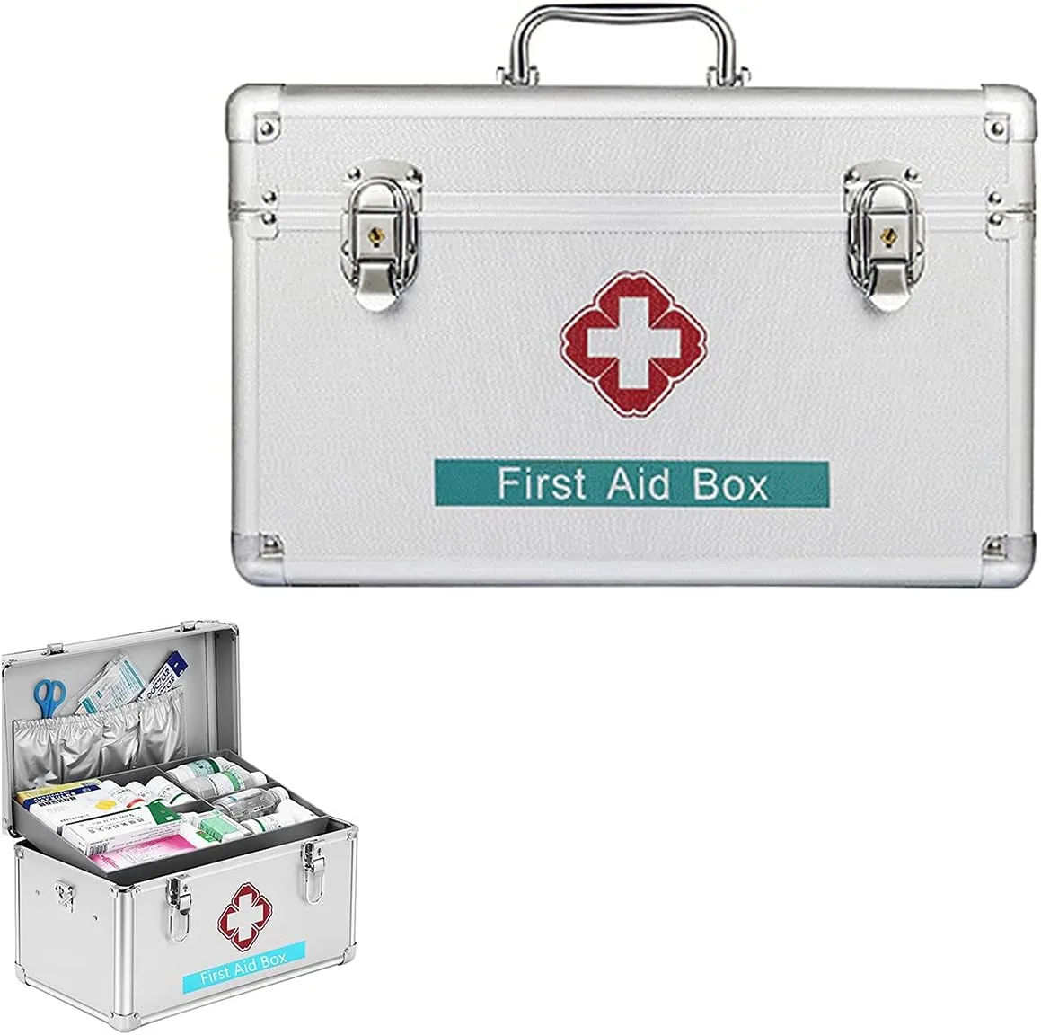Portable First Aid Kit,Camping Emergency Kit,Contain Removable Tray Multi-Functional Family Emergency Kit Box with Handle，Silver(10in)