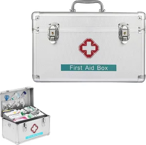 Portable First Aid Kit,Camping Emergency Kit,Contain Removable Tray Multi-Functional Family Emergency Kit Box with Handle，Silver(10in)