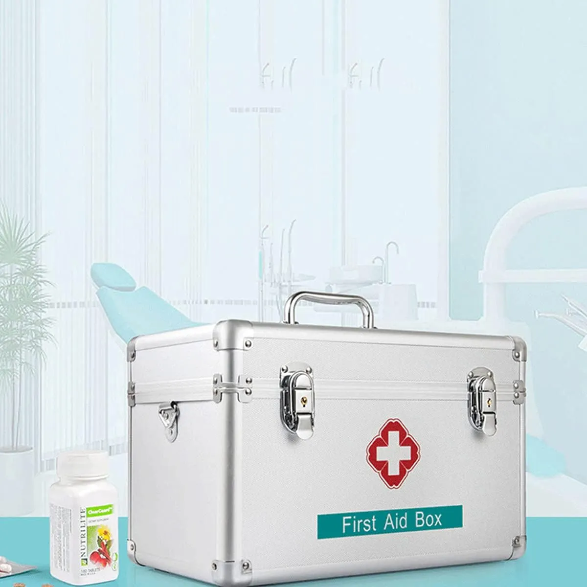 Portable First Aid Kit,Camping Emergency Kit,Contain Removable Tray Multi-Functional Family Emergency Kit Box with Handle，Silver(10in)
