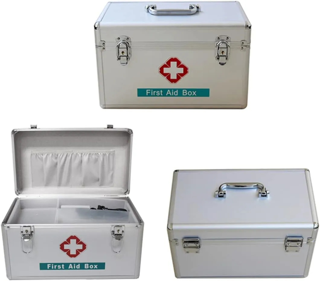 Portable First Aid Kit,Camping Emergency Kit,Contain Removable Tray Multi-Functional Family Emergency Kit Box with Handle，Silver(10in)
