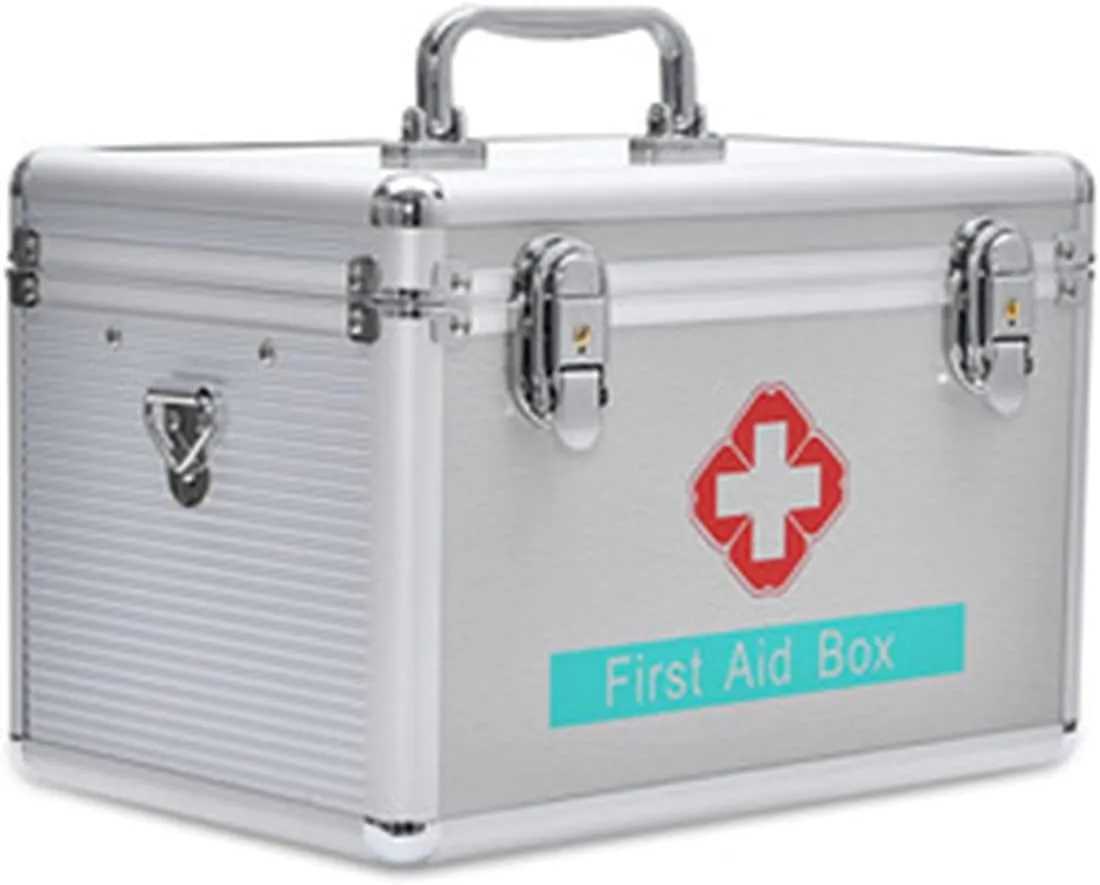 Portable First Aid Kit,Camping Emergency Kit,Contain Removable Tray Multi-Functional Family Emergency Kit Box with Handle，Silver,12in