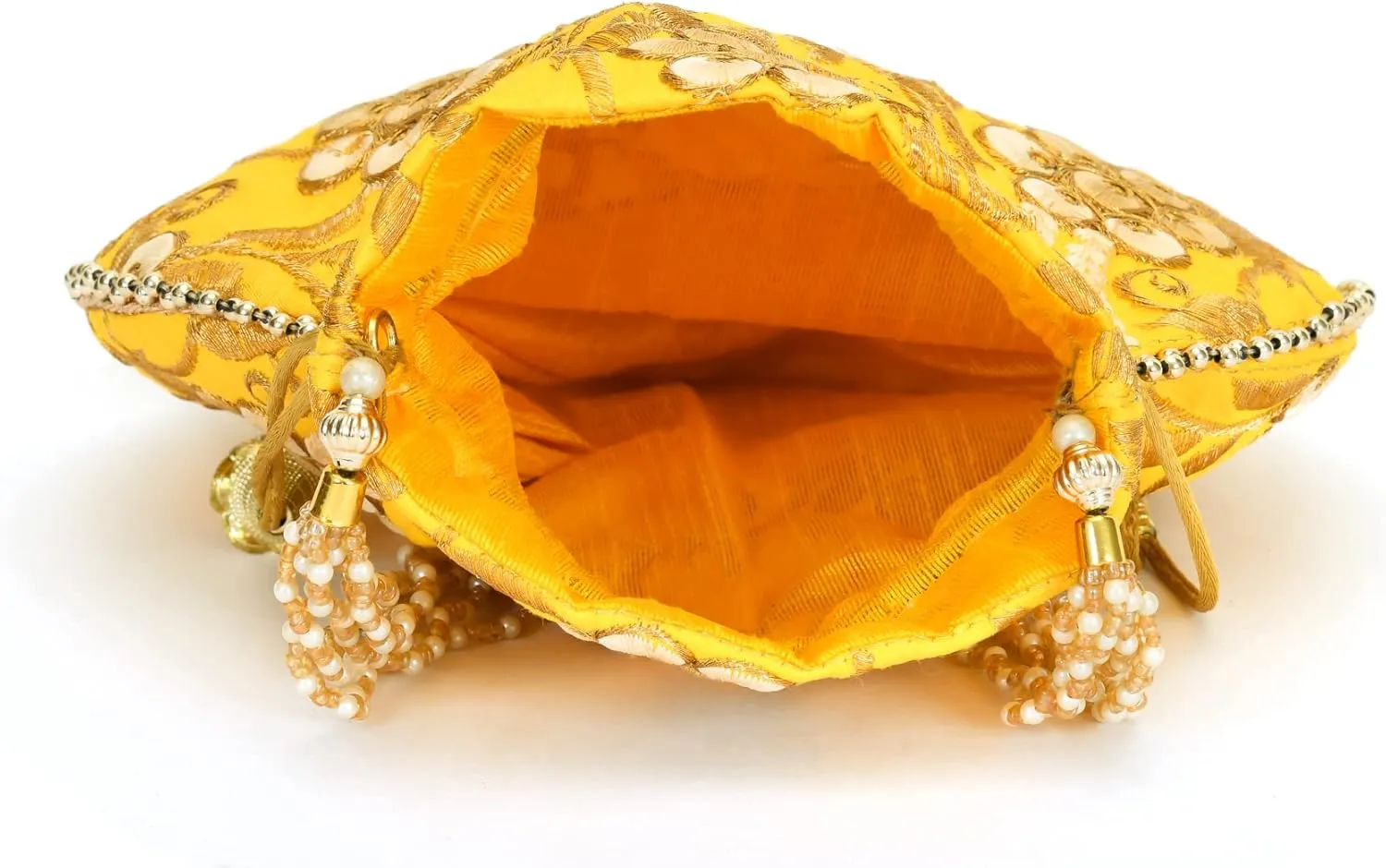 Potli Bag for Women Ethnic Gold, Pearl Handle Floral Accents, Drawstring Closure Pearls Handle Batwa Clutch Purse