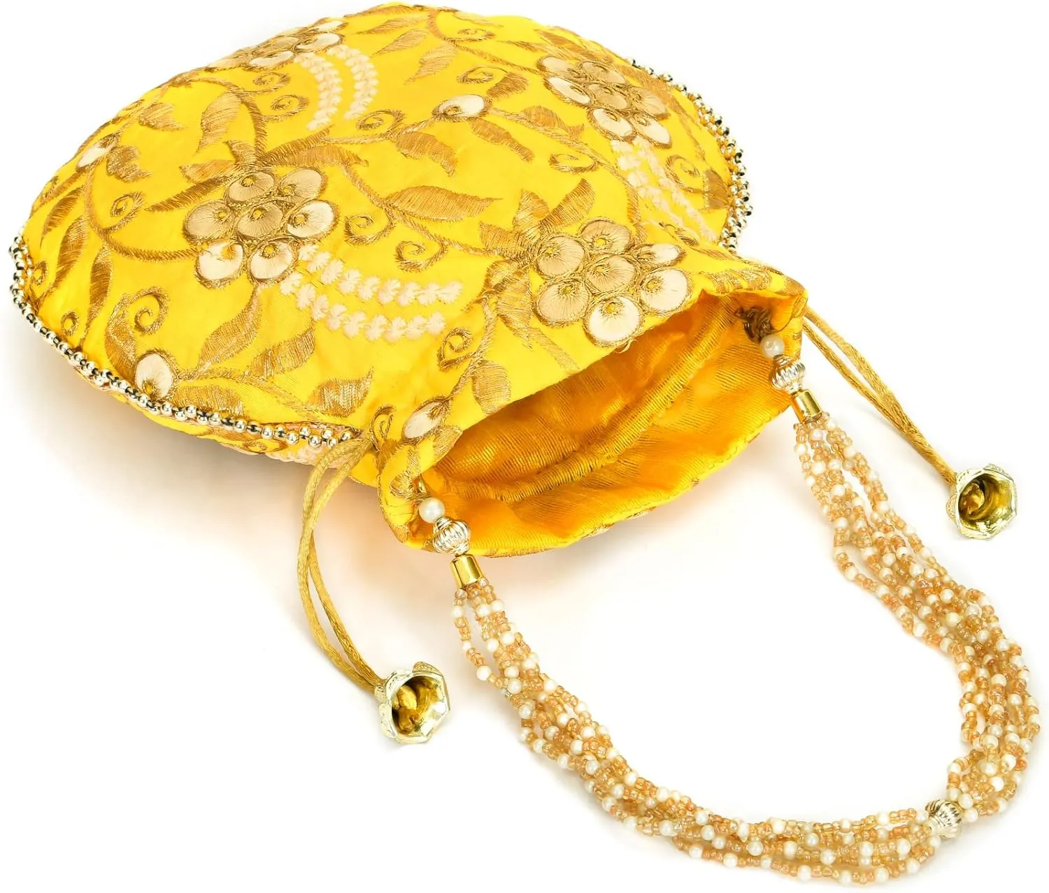Potli Bag for Women Ethnic Gold, Pearl Handle Floral Accents, Drawstring Closure Pearls Handle Batwa Clutch Purse