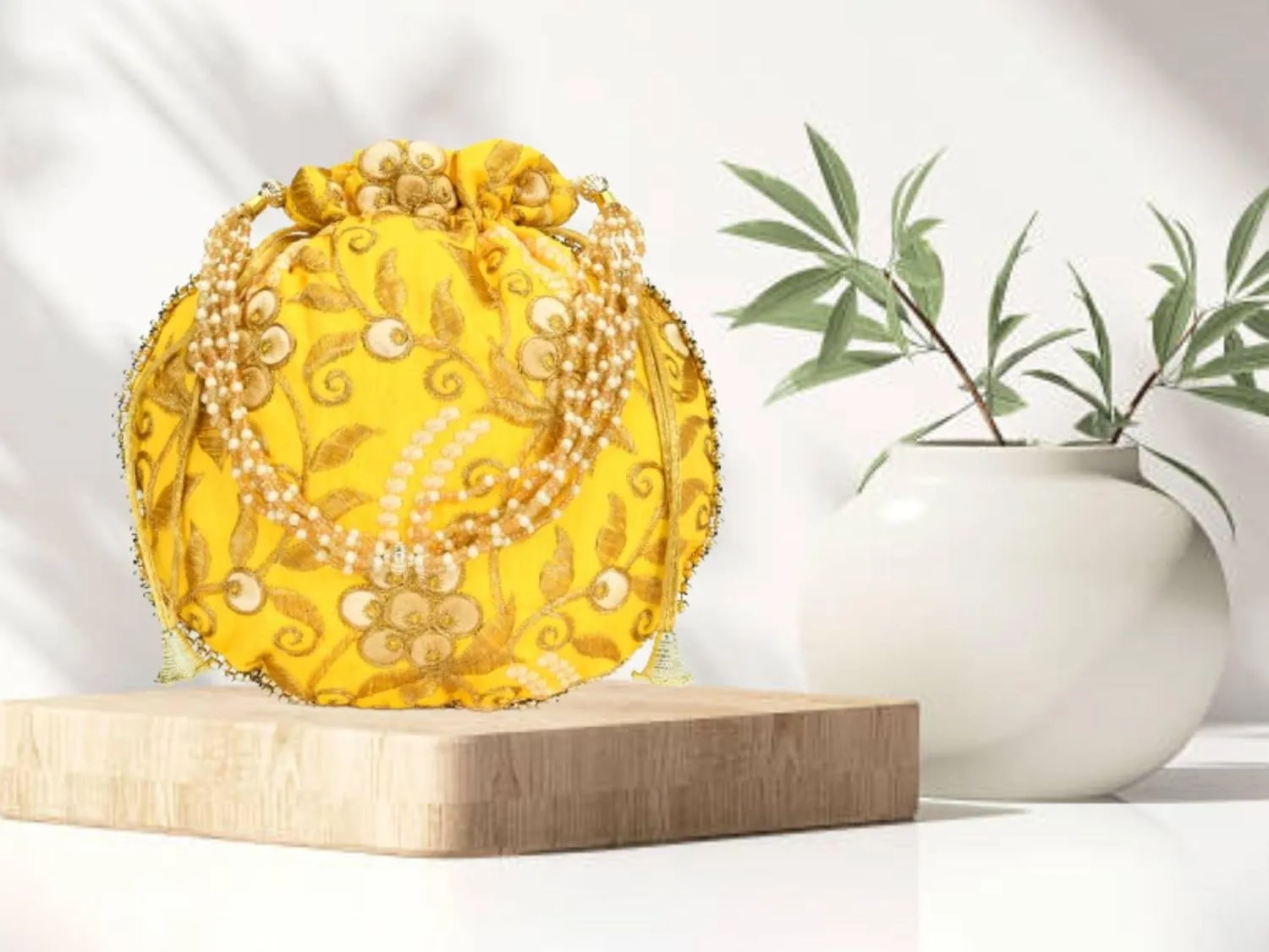 Potli Bag for Women Ethnic Gold, Pearl Handle Floral Accents, Drawstring Closure Pearls Handle Batwa Clutch Purse