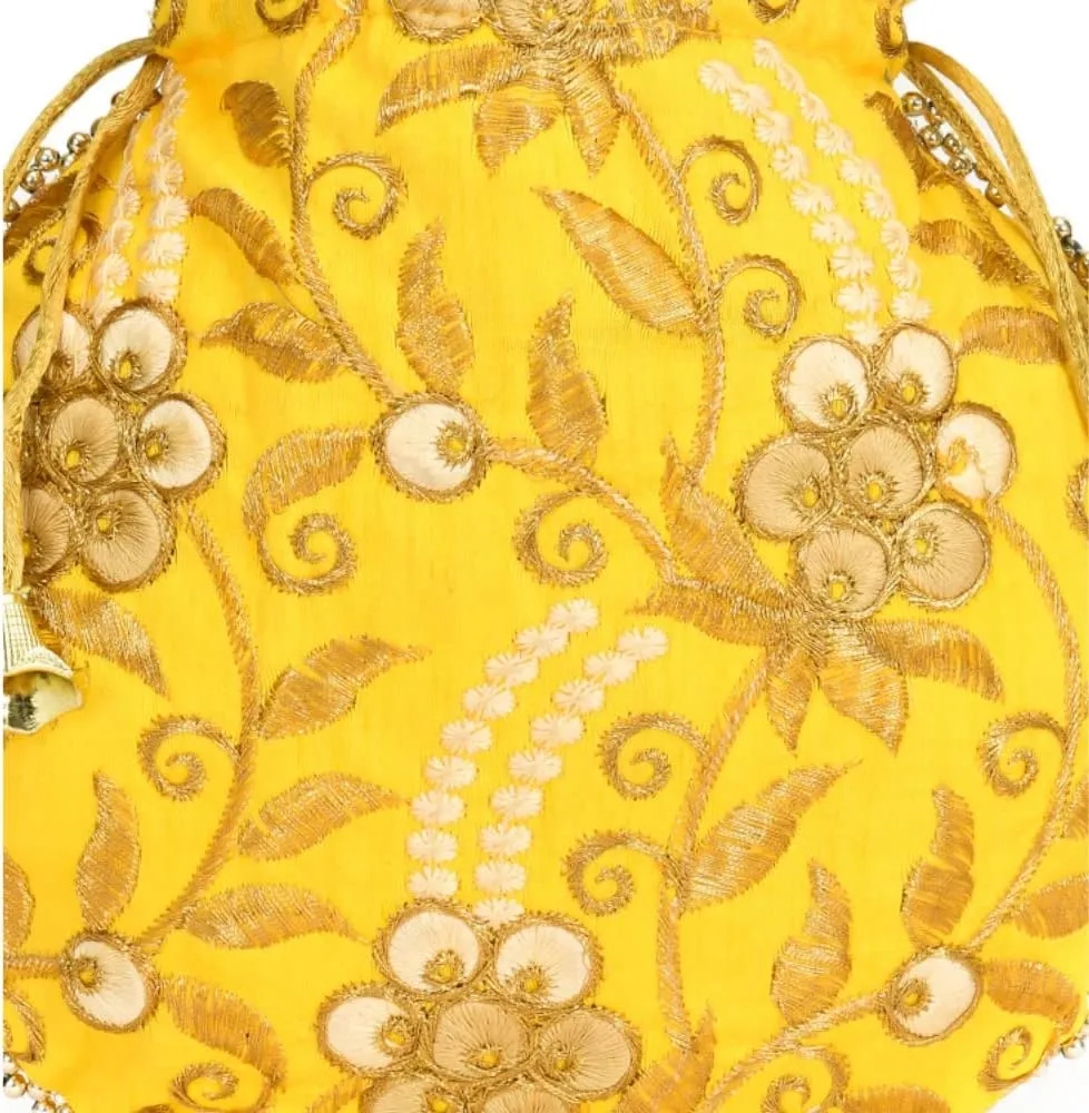 Potli Bag for Women Ethnic Gold, Pearl Handle Floral Accents, Drawstring Closure Pearls Handle Batwa Clutch Purse